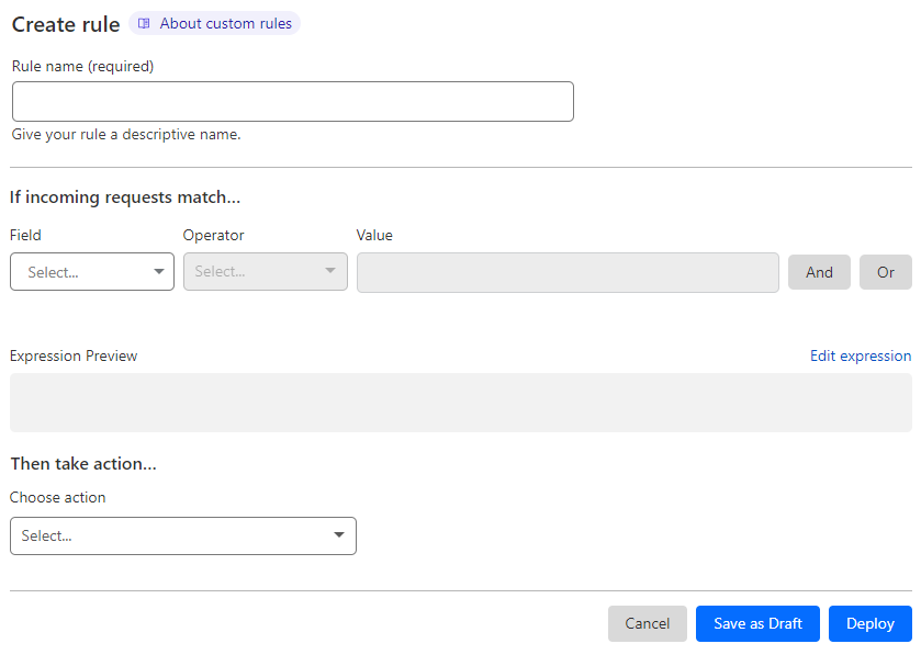 Custom rule creation page in the Cloudflare dashboard