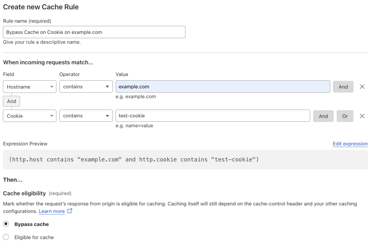 Cache rule matching the &lsquo;Bypass Cache on Cookie&rsquo; setting of the example Page Rule